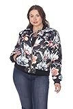 Women's Plus Size Classic Bomber Jacket with Zipper and Flowers & Buttlerflies Design on Black - 3XL
