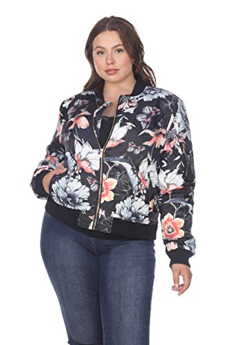 Women's Plus Size Classic Bomber Jacket with Zipper and Flowers & Buttlerflies Design on Black - 2XL Women's Plus Size Classic Bomber Jacket with Zipper and Flowers & Buttlerflies Design on Black - 2XL