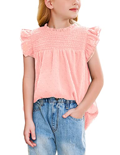 Flypigs Girls Summer Dressy Chiffon Blouses Crew Neck Ruffle Sleeve Tunic Tops Cute Flowy Casual Loose T-Shirts Pink 10-11 Years #TOP3