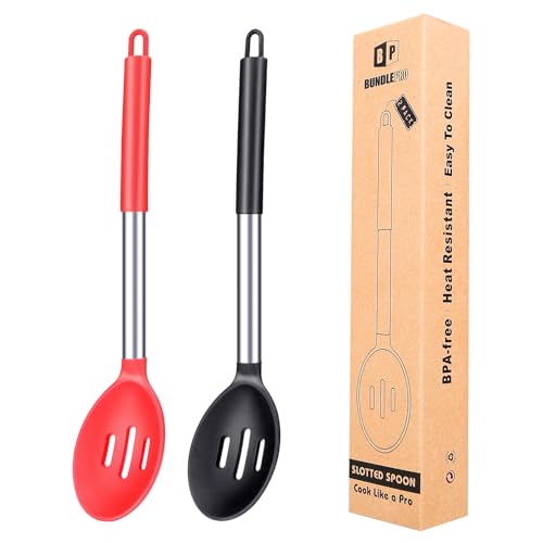 Pack of 2 Large Silicone Slotted Spoon,Kitchen Skimmer with High Heat Resistant, BPA Free Non Stick Cooking Ladle Strainer for Draining & Frying (Black-Red)