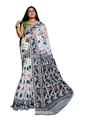 Sari indien coton Karat Dhakai Jamdani blanc pour fêtes et mariages musulmans