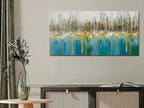 Ardemy Teal Abstract Cityscape Canvas Wall Art Modern Skyline Gold Painting Blue Grey Textured Large Size 40"X20" Picture Turquoise Artwork Framed For Living Room Bedroom Bathroom Home Office Wall Decor #TOP4