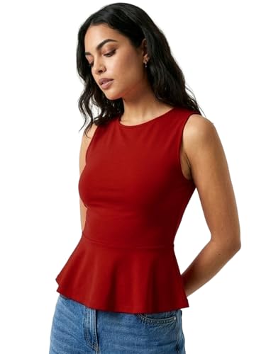 Image of Aahwan Black Solid Cotton Comfort Fit Round Neck Sleeveless Short Peplum Top for Women's & Girl's