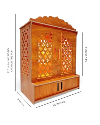 Image of AKSHI Wooden Home Temple with Decorative Lattice Doors, Handcrafted Wooden Pooja Temple | Elegant Home Mandir with Storage Space (H- 21 L- 16, W-13.5 Inch)