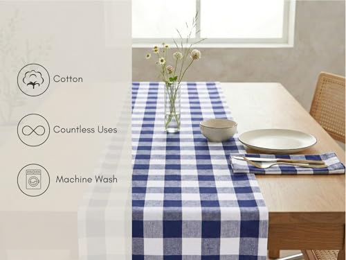 PurpleEssences Buffalo Plaid Table Runner Classic Farmhouse 100% Cotton Checkered Farmhouse Table Runner for Spring Easter Summer Table Decor - 14 x 90 inch - Blue and White by PurpleEssences - Used condition - Image 3
