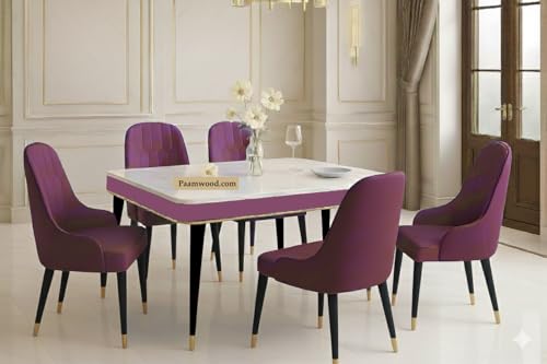 Image of Swiss Modern Dining White Marble Top Table Set with Sheesham Wood Legs, 6 Seater with Upholstered Chairs (71x36x30 Inches) (Maroon)