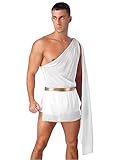 Yartina Adult Mens Halloween Cosplay Short Toga Ancient Roman Greek God Costume Jumpsuit with Slit Skirt White Large