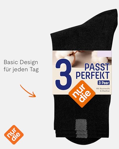Nur Die 3er Pack Passt Perfekt Socken atmungsaktive Baumwolle einfarbig Komfortbund ohne drückende Naht Damen, schwarz, 39-42