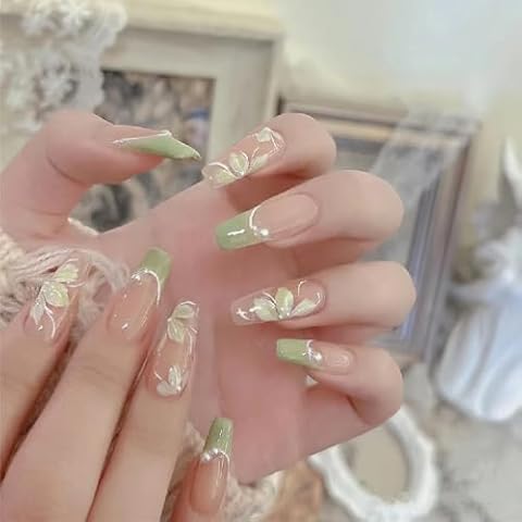 Mkwntg Green Flower Press on Nails Medium Length Fake Nails Green French Tip Ballet Coffin False Nails Camellia Flowers Full Cover Glue on Nails with Pearl Design for Women Girls Nail Art Design 24Pcs Cover