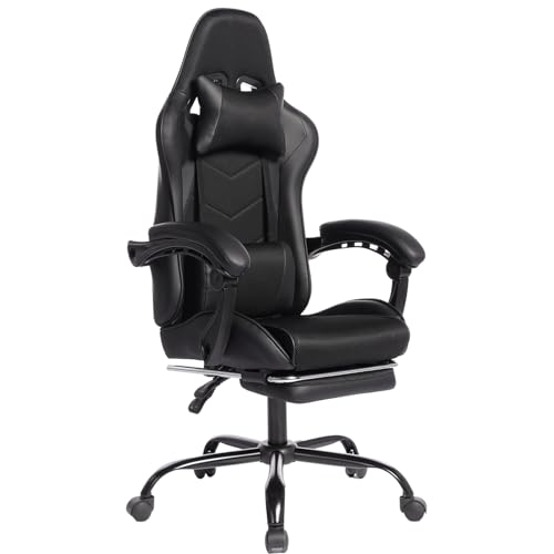 Image of Gaming Chair with Headrest and Lumbar Support, High Back Leather Computer Office Desk Chair with Footrest, 360 Swivel Height Adjustable Recliner Game Chair (Black)