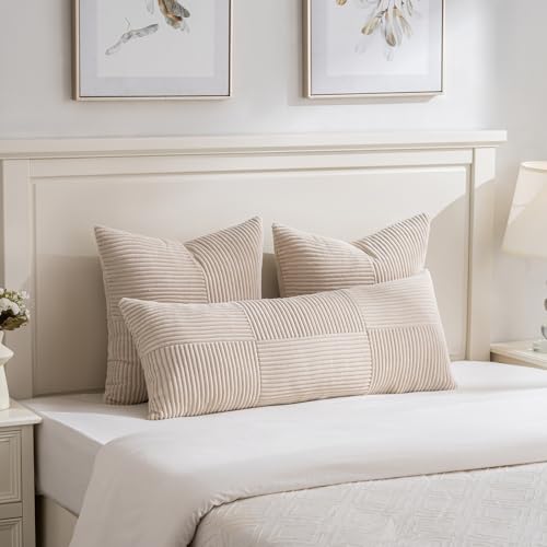 Image of Fancy Homi Set of 2 Tan Boho Long Lumbar Body Decorative Throw Pillow Cover 14x36 Inch for Bed Couch Bedroom Bench, Soft Patchwork Corduroy Textured Pillow Case, Rustic Farmhouse Room Decor