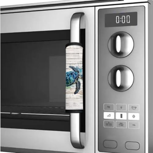 Image of 6 PCS Refrigerator Door Handle Covers Electric Appliance Handles Decor Anti-Skid Protector Gloves for Fridge Oven Kitchen Cabinet Home Decor, Watercolour Sea Turtle Wood Grain White