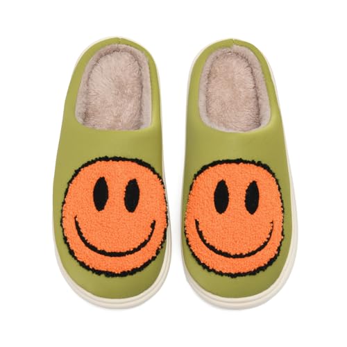 MOLATIN Cute smiling face Slippers for Women and Men,Women's Men's Retro Preppy Happy Face Slippers,Plush Slip-On Warm House Slipper for Winter,Non-slip PU Flat Slides Grass Green Orange 42-43