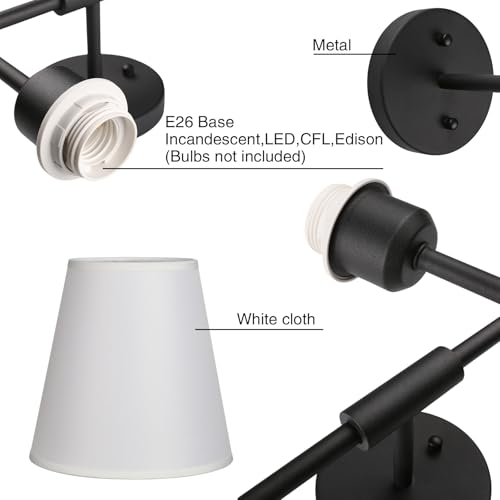 Image of PERMO Classic Rustic Double Sconce 2-Lights Wall Sconce Lighting Fixture with Flared White Textile Lamp Shade and and Black Finished Long Arm,Wall Sconce Light Fixture for Bathroom Bedroom Bedside