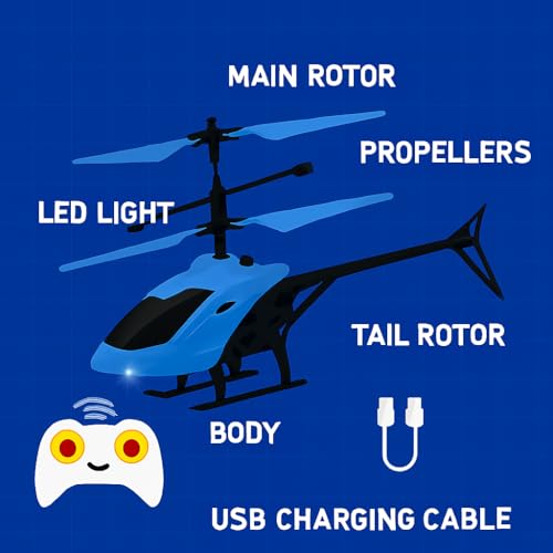Image of Toy Plastic Helicopter Remote Control Helifor 6 + Years Boys Indoor and Outdoor Helicopter, Palm Sensing Helicopteer with led Lights (Pack of 1) (Blue)