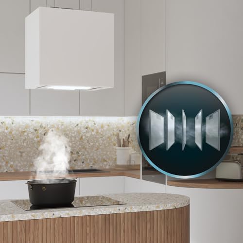 Cecotec Quadratische Insel-Dunstabzugshaube 44 cm Bolero Flux Cct 448000 Glass White A++. Weiße Glasoptik, Saugleistung 800 m³/h, 210-W-Motor, 3 Leistungsstufen, Kohlefilter