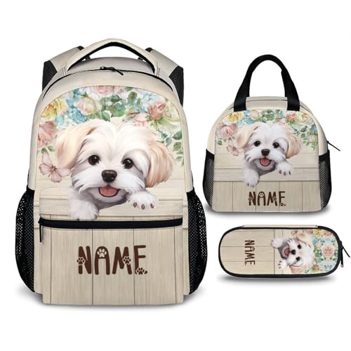 Kids School Backpack, Cute Maltese Schoolbag for Boys Girls, 17 Inch 3 Pcs Set Kids Utility Backpacks for Teen, Dog Bookbag for Travel School Picnic