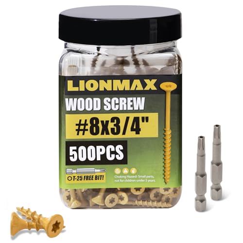 Image of LIONMAX Deck Screws 3 /4 Inch, 500 PCS #8 x 3 /4 inch Exterior Wood Screws with Star Drive, Coarse Thread, Self-Tapping, Tan Coated Deck Screw, Rust Resistant, for Outdoor Wood Project, Drive Bit Included