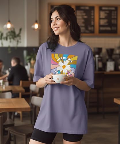 Image of SHODOX Women's Cotton Blend Oversized Drop Shoulder Printed T-Shirt | Soft, Breathable & Light Weight | Loose Fit Stylish Top for Girls with Premium Graphic Print