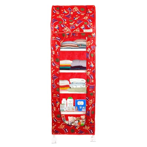 Image of OYO BABY Kids Wardrobe for Storage 6 Shelves | Heavy Duty Plastic Almirah for Baby Clothes, Toys & Books Rack | Compact Storage Organizer for Nursery /Bedroom [Printed - Red]