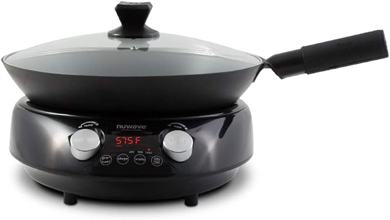 Nuwave Mosaic Induction Wok, Precise Temp Controls from 100°F-575°F in 5°F | Wok Hei, Infuse Complex Charred Aroma & Flavor, 3 Watts 600, 900 & 1500, Authentic 14-inch Carbon Steel Wok Included, Black