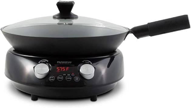 Nuwave Mosaic Induction Wok, Precise Temp Controls from 100F to 575F in 5F, Wok Hei, Infuse Complex Charred Aroma & Flavor, 3 Watts 600,900 & 1500, Authentic 14-inch Carbon Steel Wok Included,Black