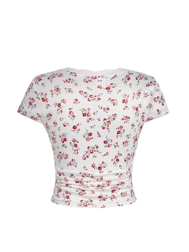 Image of RoseSeek Girl's Ditsy Floral Print Lace T Shirt Short Sleeve Ribbed Ruched Cute Tee Shirts Summer Tops