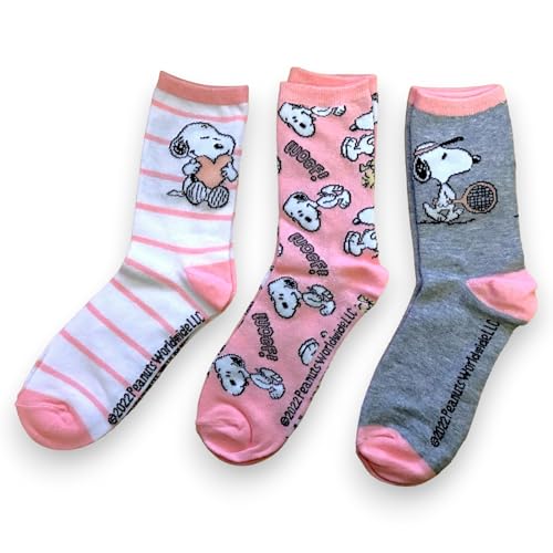 PEANUTS - Pack 3 Calcetines de Snoopy - Calcetines Oficiales Rosa Blanco y Gris - para Mujer UK 3.5-7 EUR 36-40