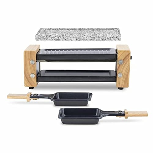 H.Koenig Appareil à raclette Duo Multifonction 2 personnes WOD2 Design en bois naturel, Pierre granit amovible, Raclette fromage fondue professionnel, 2 poêlons antiadhésifs, 2 spatules en bois