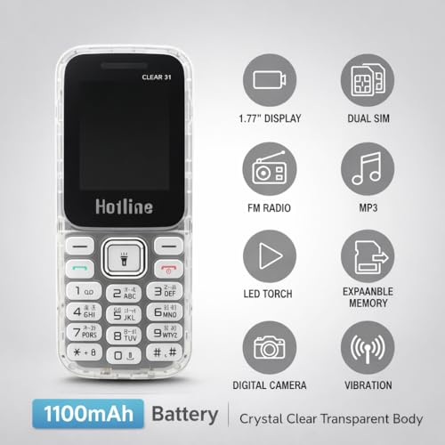Image of HOTLINE Clear 31 Dual SIM Keypad Mobile Phone | 1.77 inch Display | Wireless FM | Digital Camera | Expandable Memory | LED Torch and 1100 mAH Long Battery Life | 1100 mAH Battery, Transparent Design