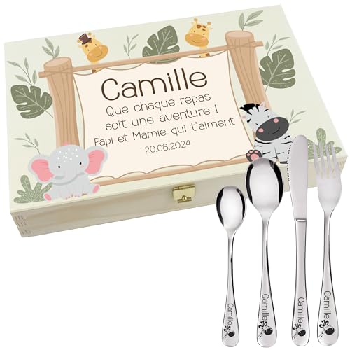 Gravure Events - Coffret en Bois avec 4 Couverts personnalisés pour Enfant - prénom gravé en France - Cadeau Noël bébé, Baptême, Cadeau de Naissance...