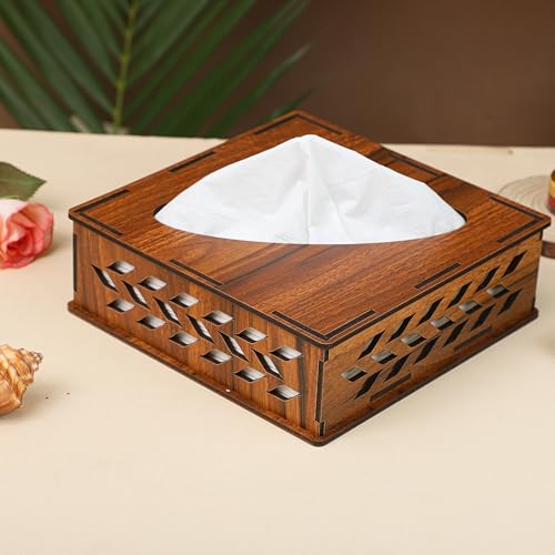 Image of Deskart Wooden Tissue Paper Box | Refillable Facial Napkin Holder Stand with Tissue Paper Pack for Kitchen Dining Table, Resturant and Cafe (Square)