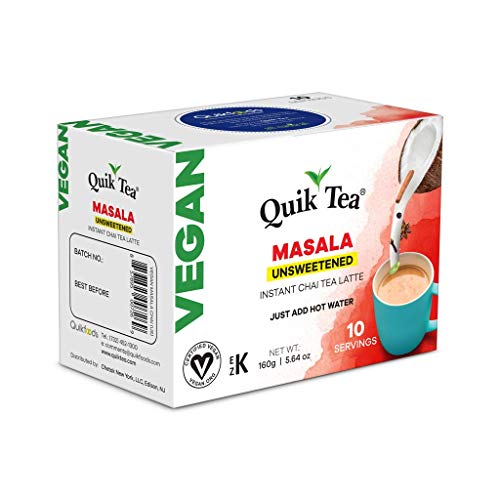 Quiktea Vegan Unsweetened Masala Instant Chai Tea Latte - 10 Count Single Box - Convenient, Easy Ayurvedic Dairy Free Alternative - All Natural Non Gmo Superfood #TOP1