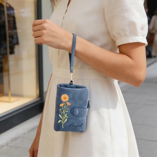 Image of Custom Wallet for Women Personalized Birth Flower & Name Purse Soft Leather Bifold Clutch with Strap Customized Gift for Mom Girlfriend