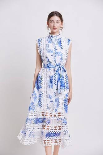 Image of LAI MENG FIVE CATS Women's Sleeveless Hollow Out Lace Button Up Casual Midi Party Dress with Belt