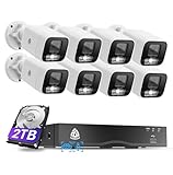 Akinguar 4K PoE Überwachungskamera Aussen Set, 8CH Videoüberwachung mit 2TB HDD & 8X 8MP PoE IP Kamera, Personen/Fahrzeugerkennung, 2-Wege Audio, Farbige Nachtsicht, Alarm mit Scheinwerfer, IP66