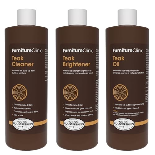 Furniture Clinic Teak Care Kit | For Teak Outdoor Wood Patio Furniture | Clean, Brighten, Nourish, and Protect Treated and Untreated Wood | Contains Cleaner, Brightener, & Oil