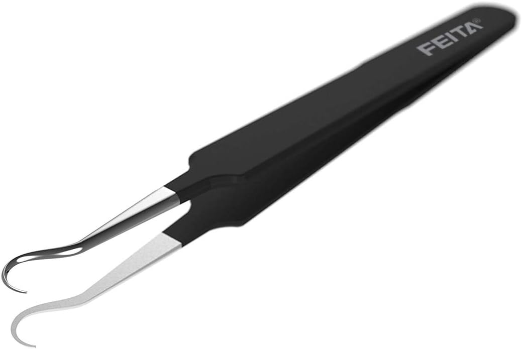 Blackhead Acne Extraction Tweezers - FEITA Pro & Surgical-Grade Stainless Steel Bend Curved Comedone Extractor Tweezer Tool for Remove Whitehead and Clogged Pores, Pimple - Black