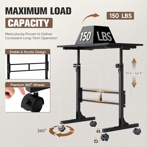 Image of Furmax 31.4 inch Small Portable Standing Desk Height Adjustable with Lockable Wheels, Mobile Stand Laptop Computer Workstation for Walking Pad Treadmil (Black)