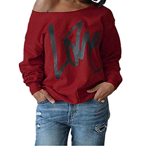 Taiduosheng Women's Off-Shoulder Blouses Sweatshirt Long Sleeve Print Love Tops Xl Wine Red #TOP25