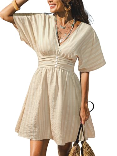 Image of CUPSHE Women Summer Dress Striped V Neck Smocked Waist Front Buttons Sun Dress Casual Vacation Beach Short Mini Dress