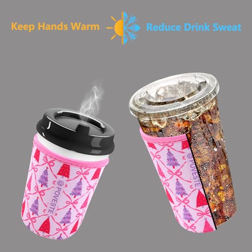 Image of Reusable Neoprene Insulator Sleeve for Iced Coffee & Cold Soda, Coffee Sleeves for Iced & Hot Drinks, Cold Beverage Cooler Compatible with Starbucks, Dunkin (Christmas Tree, Medium: 22-24oz)