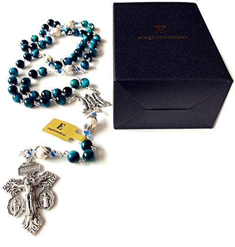 elegantmedical HANDMADE Peacock Blue Tiger Eye Prayer Beads & (AAA) 10mm real Pearl sterling silver beads caps Catholic Rosary Necklace Gift Box Italy Parden Crucifix2