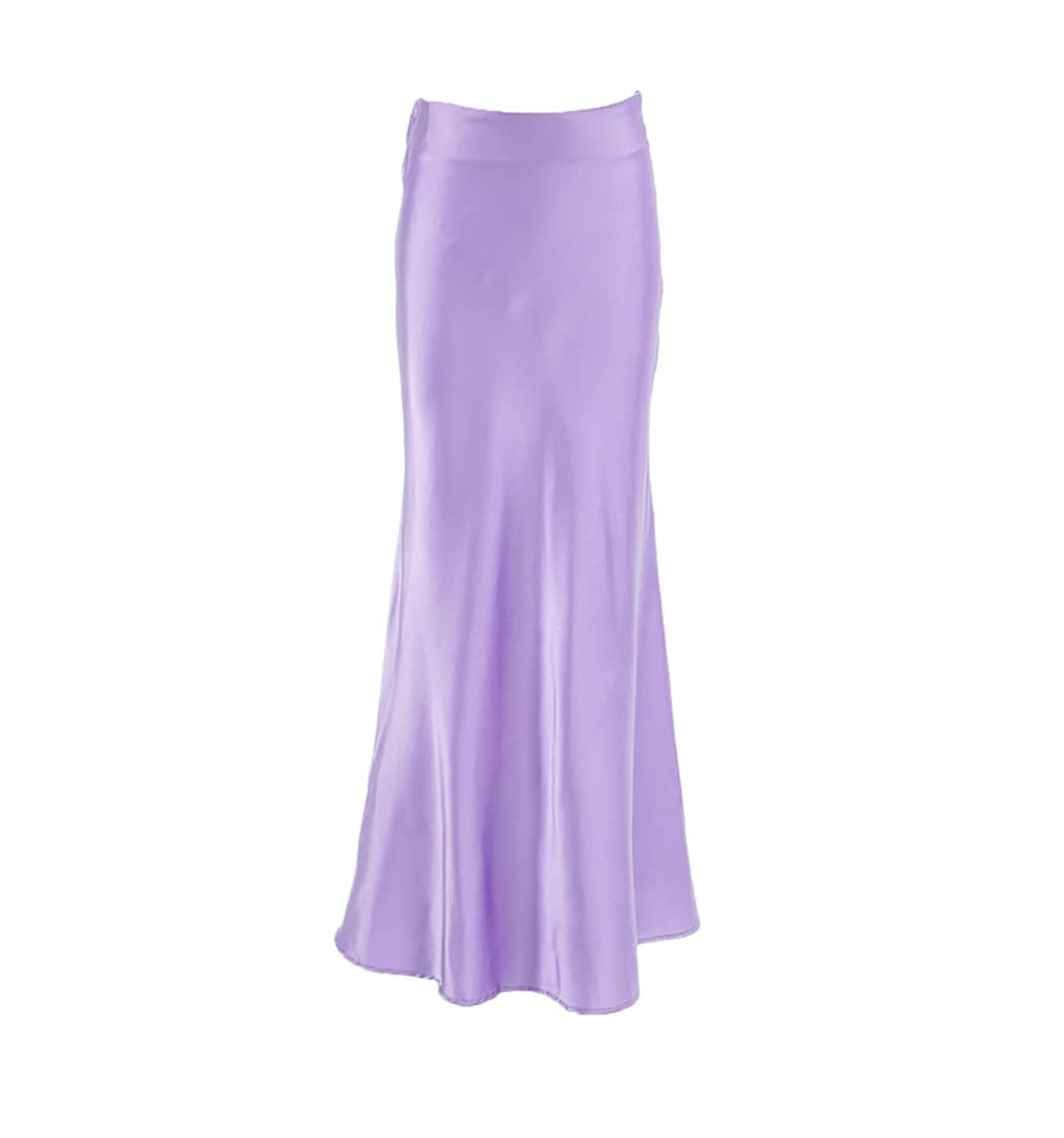 FULBHPRINT Jupes de fête élégantes en satin pour femme - Taille haute - Jupe longue de soirée ample, lavande, 40