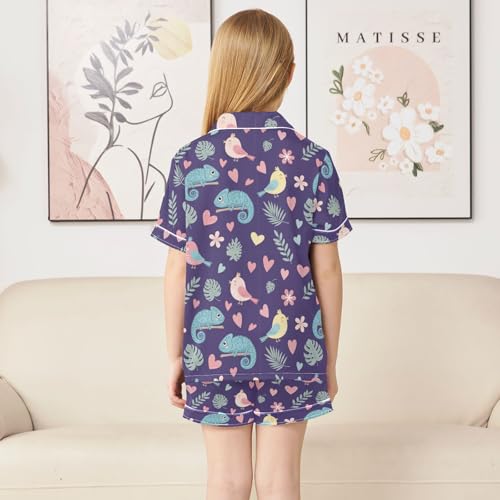 Satin Pajama Sets Short Sleeve Chameleon Bird Pattern Button Down Silky Nightwear 2 Piece PJS 5-14Y4