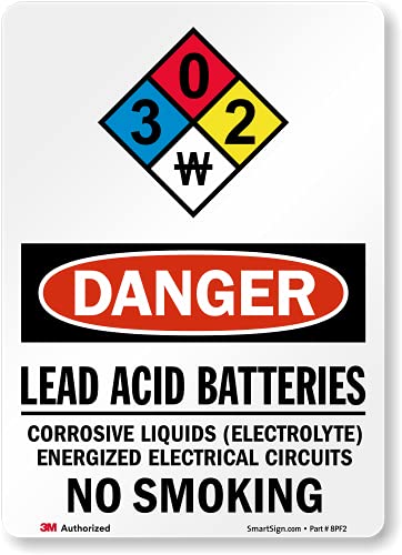 SmartSign 7 x 5 inch “Danger - Lead Acid Batteries, Corrosive Liquids, Electrical Circuits” OSHA Label with NFPA Symbol, 5.5 mil Laminated Vinyl, 3M Engineer Grade Reflective Material, Multicolor