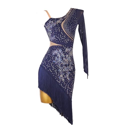 GerRiT Embroidery Latin Dance Dresses Ballroom Performance Dance Costumes Cha Cha Dancewear Professional Salsa Dance Dress,Navy Blue,L