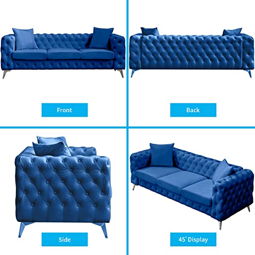 Mjkone Sofa Couches, Velvet Modern 3 Seaters Sofa With Cushions, Deep Button Tufted Sturdy Metal Legs For Living Room, Apartment - Navy Blue #TOP4