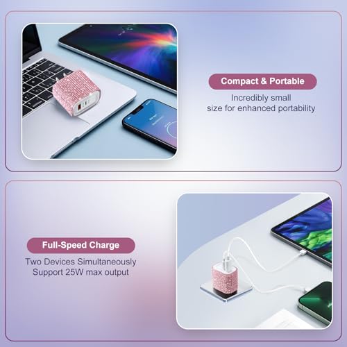 Image of Aolcev for iPhone Charger Fast Charging Bling 2 in 1 USB C Charger Block | Type C Fast Charging Blocks 25W Bling USB A USB C Adapter for iPhone 17 16 15 14 13 iPad Galaxy S26 S25 Rhinestones Pink