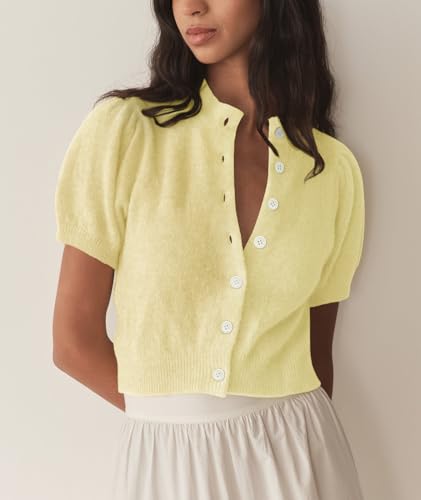 Image of Womens Puff Short Sleeve Cardigan Sweaters Cropped Button up Lightweight Y2k Knit Summer Cardigans
